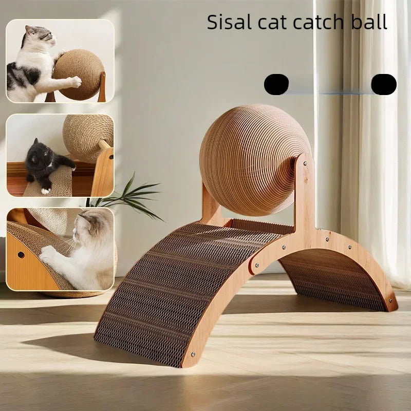 Wooden Cat Scratching Ball 2 in 1 Cat Scratcher Sisal Scratch Board Wear-Resistant Grinding Paw Toy Solid Wood Scraper for Cats