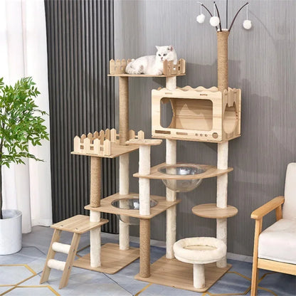 Large Wooden Cat Tree with Space Pod Multi Level Cat Tower Scratching Posts Durable Cat Furniture for Indoor Cats Cat Toy