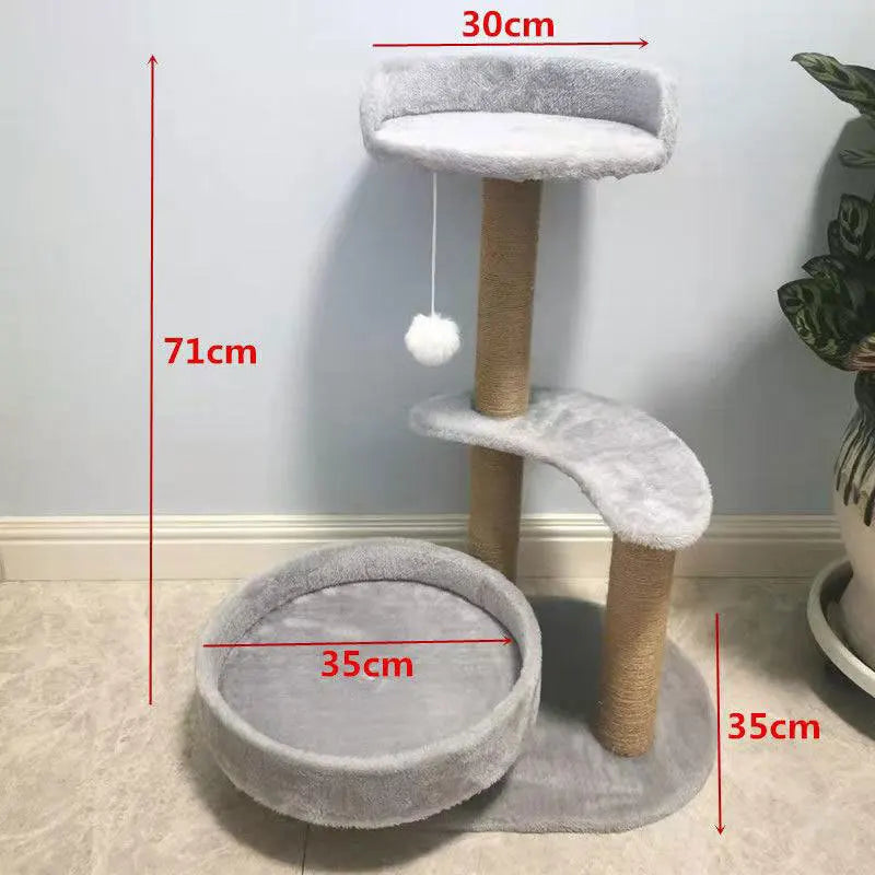 Hemp Rope 3-Tier Cat Tree Villa All-In-One Large Cat Condo with Scratching Post & Jumping Platform Cat Scratcher Board & Toy