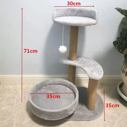Hemp Rope 3-Tier Cat Tree Villa All-In-One Large Cat Condo with Scratching Post & Jumping Platform Cat Scratcher Board & Toy