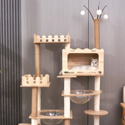 Large Wooden Cat Tree with Space Pod Multi Level Cat Tower Scratching Posts Durable Cat Furniture for Indoor Cats Cat Toy
