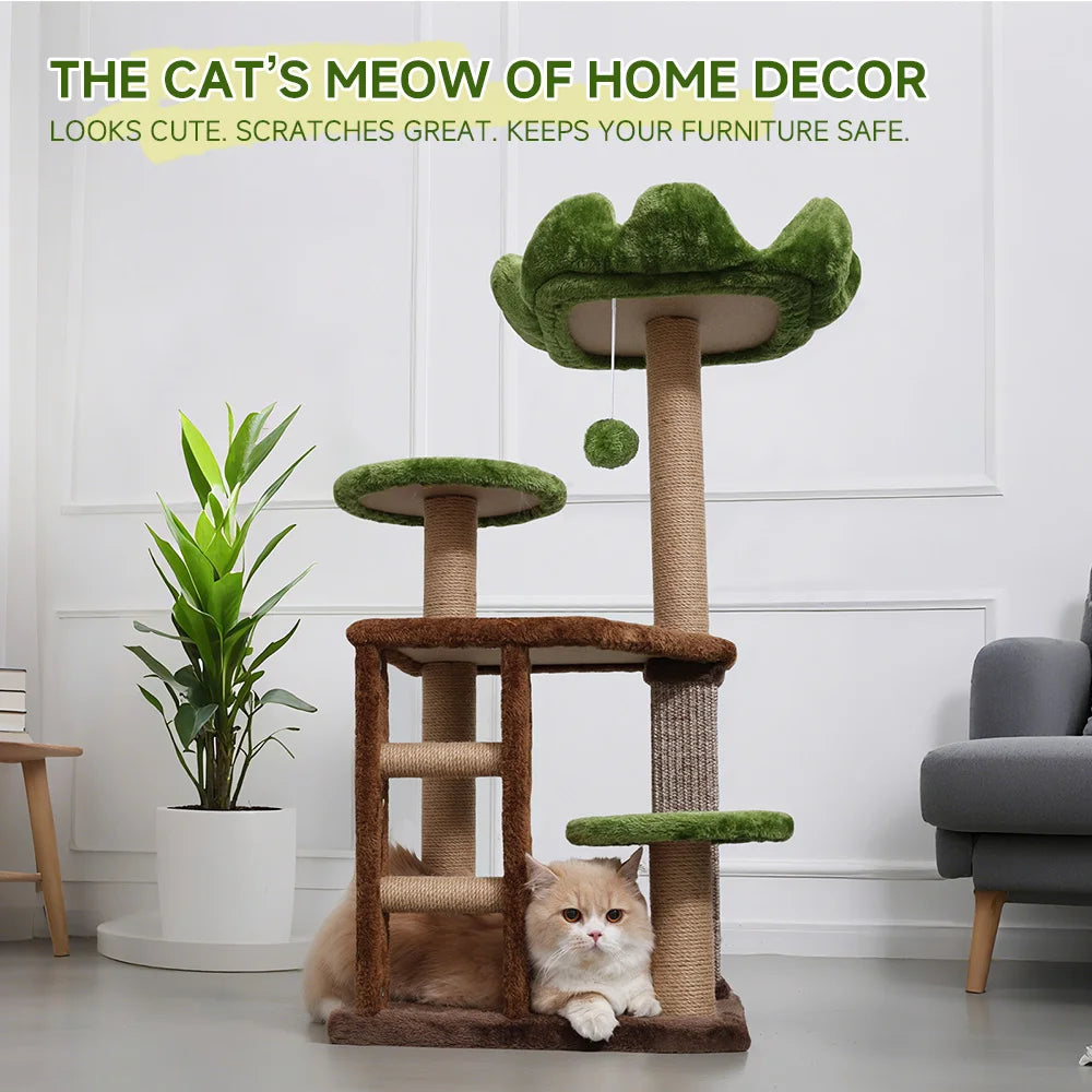 Medium Cat Tree: Green Staircase Multi-Tier Cat Tower with Scratching Post and Cozy Perch Cat Climbing Frame