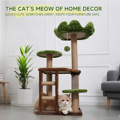 Medium Cat Tree: Green Staircase Multi-Tier Cat Tower with Scratching Post and Cozy Perch Cat Climbing Frame
