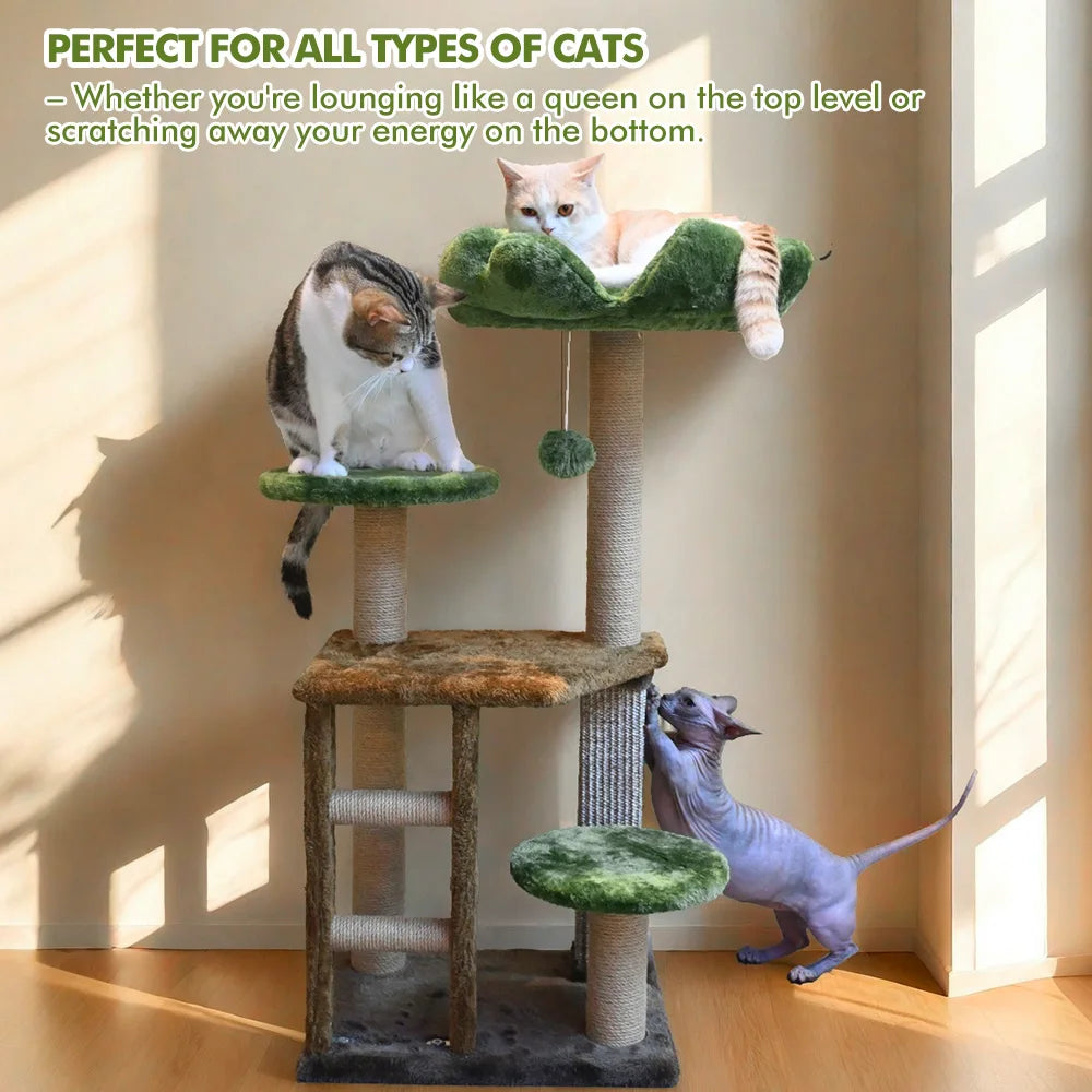 Medium Cat Tree: Green Staircase Multi-Tier Cat Tower with Scratching Post and Cozy Perch Cat Climbing Frame