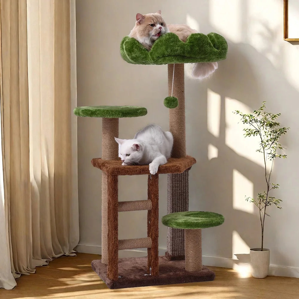 Medium Cat Tree: Green Staircase Multi-Tier Cat Tower with Scratching Post and Cozy Perch Cat Climbing Frame