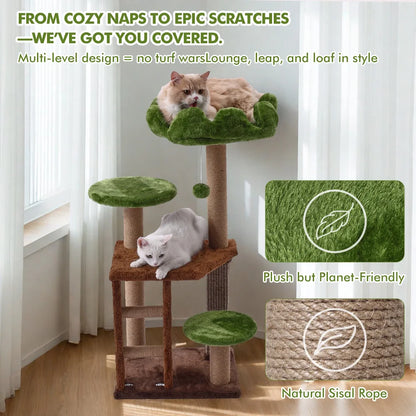 Medium Cat Tree: Green Staircase Multi-Tier Cat Tower with Scratching Post and Cozy Perch Cat Climbing Frame