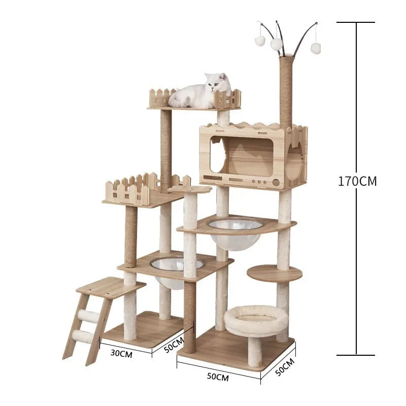 Large Wooden Cat Tree with Space Pod Multi Level Cat Tower Scratching Posts Durable Cat Furniture for Indoor Cats Cat Toy