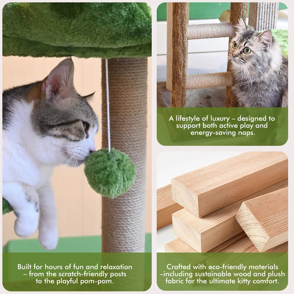 Medium Cat Tree: Green Staircase Multi-Tier Cat Tower with Scratching Post and Cozy Perch Cat Climbing Frame