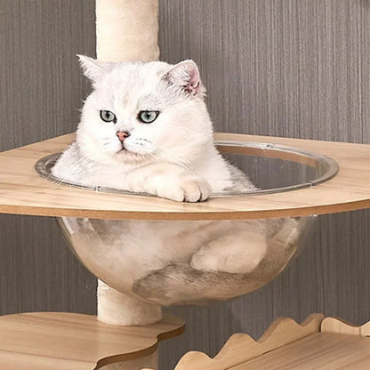 Large Wooden Cat Tree with Space Pod Multi Level Cat Tower Scratching Posts Durable Cat Furniture for Indoor Cats Cat Toy