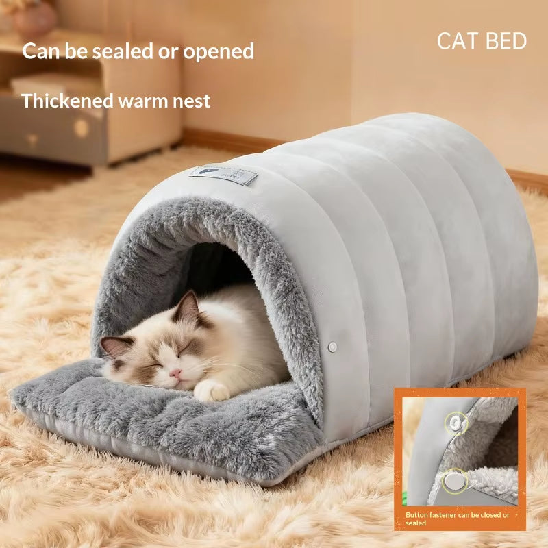 Semi-Enclosed Cat Bed Winter Warm Cat Cave Bed Washable Cat House Non-Slip Warm Waterproof Bottom for Indoor Cats Anti-Anxiety