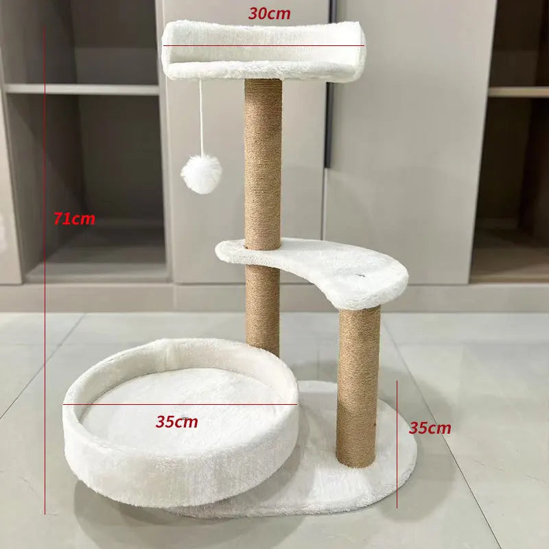 Hemp Rope 3-Tier Cat Tree Villa All-In-One Large Cat Condo with Scratching Post & Jumping Platform Cat Scratcher Board & Toy