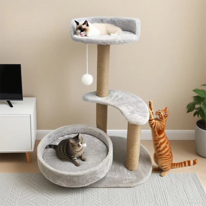 Hemp Rope 3-Tier Cat Tree Villa All-In-One Large Cat Condo with Scratching Post & Jumping Platform Cat Scratcher Board & Toy