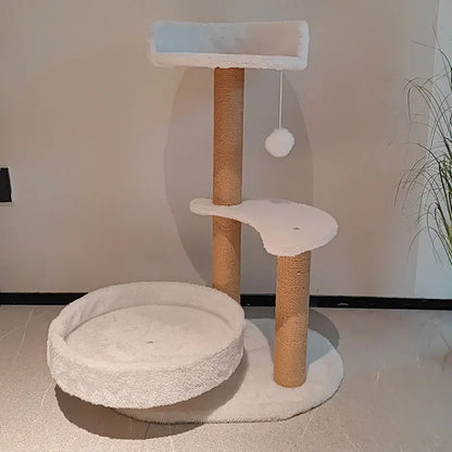Hemp Rope 3-Tier Cat Tree Villa All-In-One Large Cat Condo with Scratching Post & Jumping Platform Cat Scratcher Board & Toy