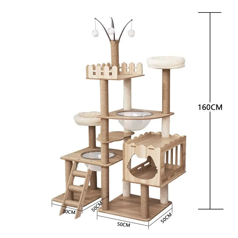 Large Wooden Cat Tree with Space Pod Multi Level Cat Tower Scratching Posts Durable Cat Furniture for Indoor Cats Cat Toy