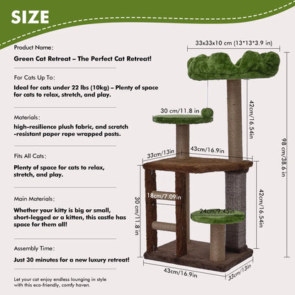 Medium Cat Tree: Green Staircase Multi-Tier Cat Tower with Scratching Post and Cozy Perch Cat Climbing Frame