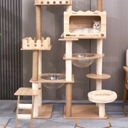 Large Wooden Cat Tree with Space Pod Multi Level Cat Tower Scratching Posts Durable Cat Furniture for Indoor Cats Cat Toy
