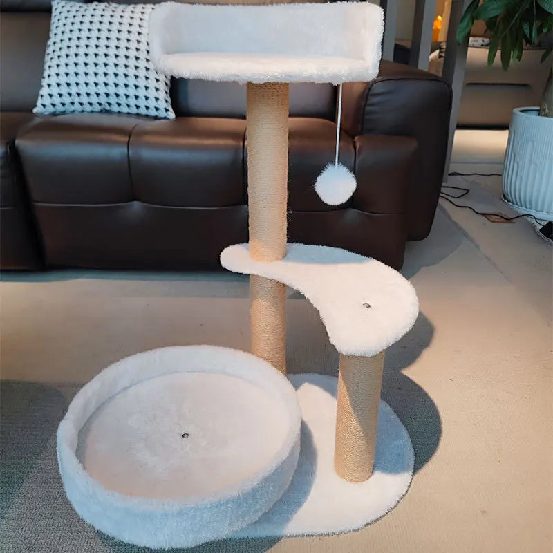 Hemp Rope 3-Tier Cat Tree Villa All-In-One Large Cat Condo with Scratching Post & Jumping Platform Cat Scratcher Board & Toy